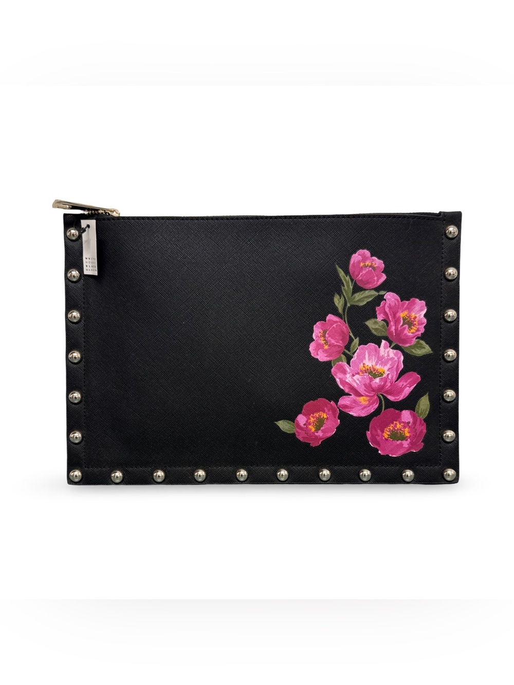 White House Black Market Black Floral Studded Zip Clutch Wristlet